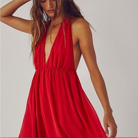 FREE PEOPLE XL Feminine Esme Mini Brilliant Blue Halter Chiffon Satin Strap SEXY - Picture 3 of 15